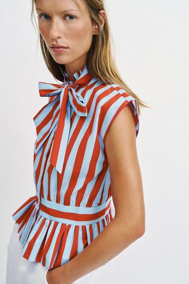 STRIPED BLOUSE WITH KNOT DETAIL - Red Stripe by Zara