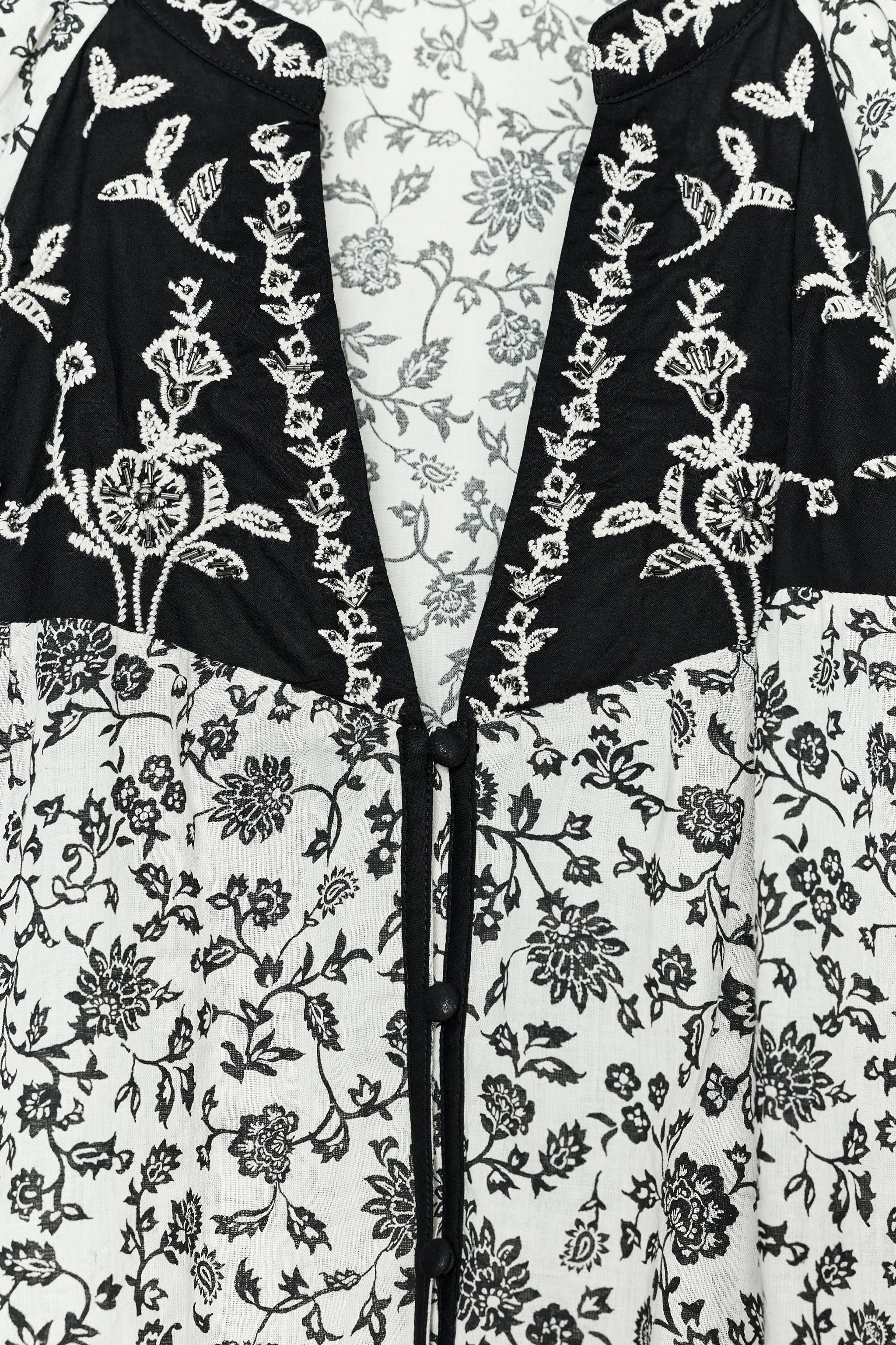 FLORAL PRINT BEADED EMBROIDERY BLOUSE