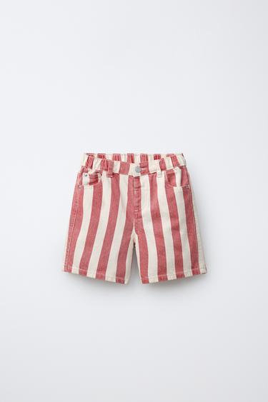 STRIPED BAGGY DENIM BERMUDA SHORTS - Red by Zara