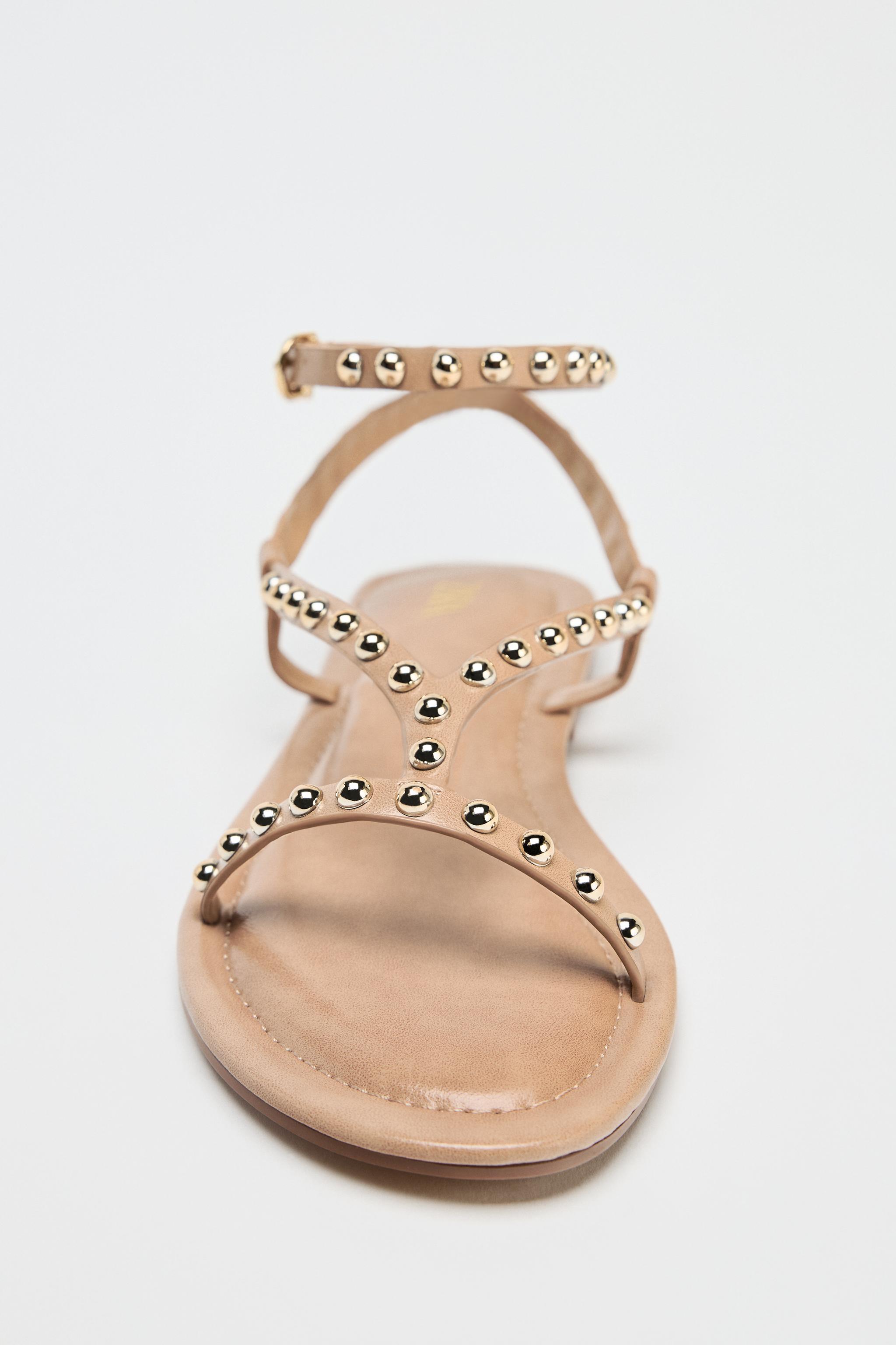 ZARA ベージュ ストラップサンダル 42 リアルレザー製ダブルストラップサンダル - ベージュ | ZARA