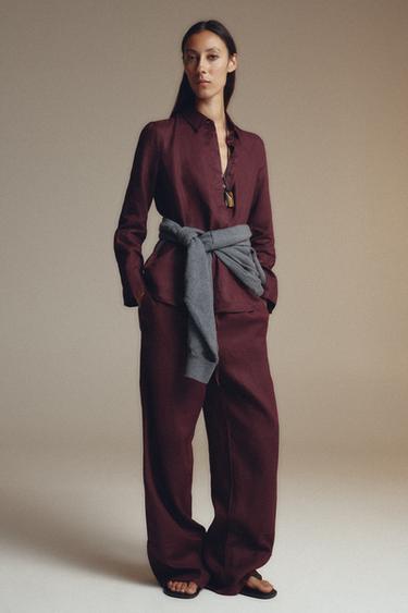 Zara 100% LINEN SHIRT ZW COLLECTION - Dark maroon