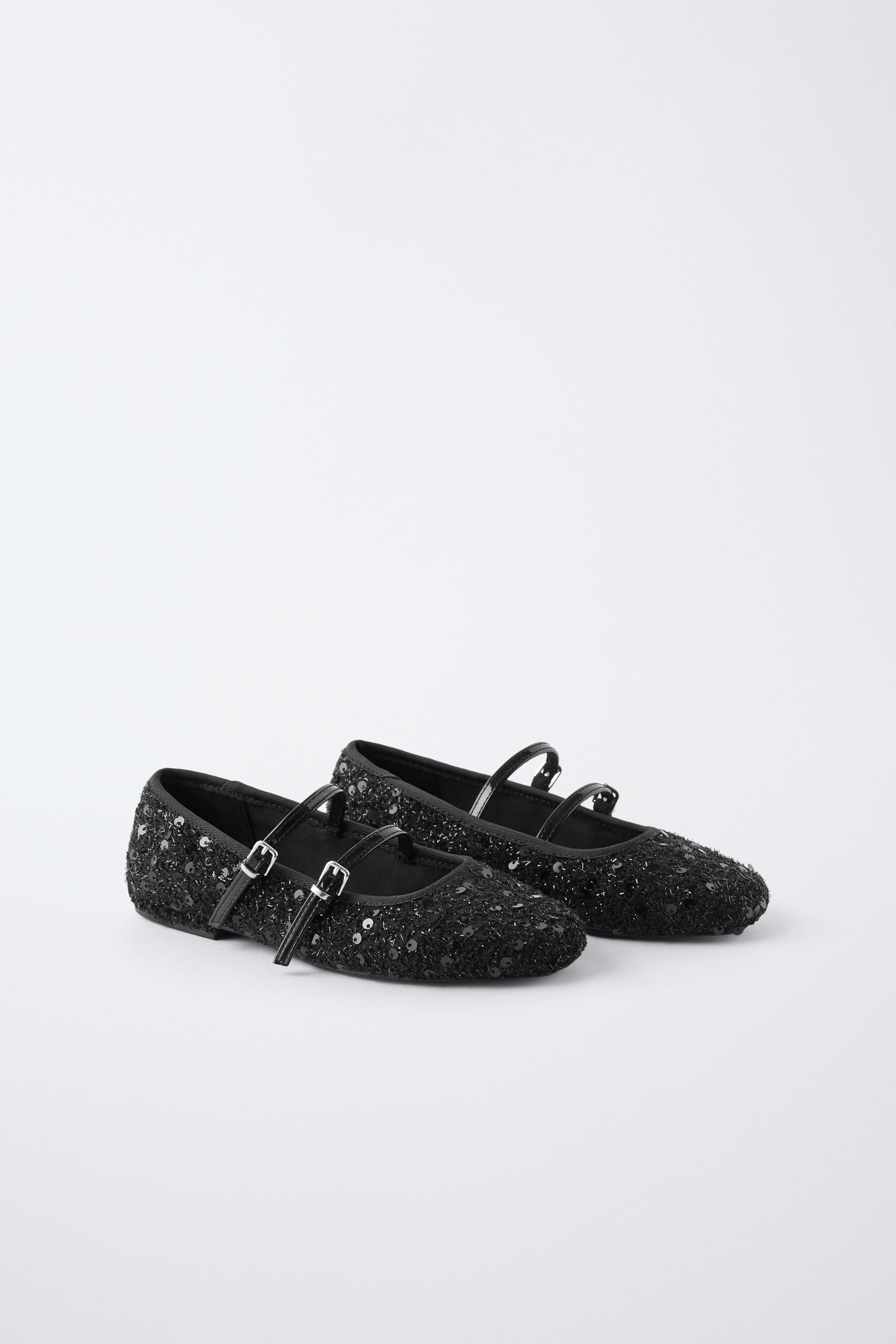 スペイン発送 ZARA ダブルバックルシートバレリーナ 数量限定 ダブルバックル付き生地バレリーナシューズ - ブラック | ZARA