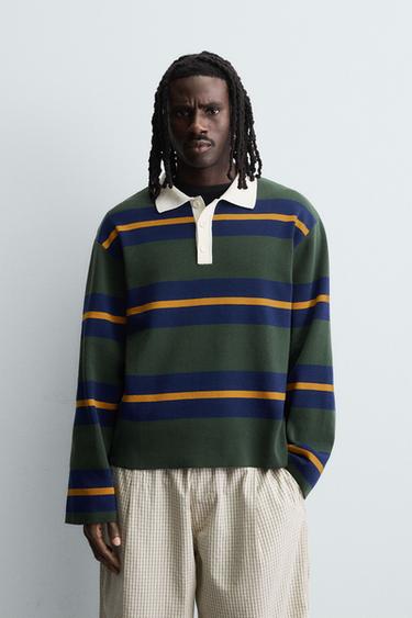 GESTREIFTES STRICK-POLOSHIRT MIT KONTRASTKRAGEN - Grün von Zara