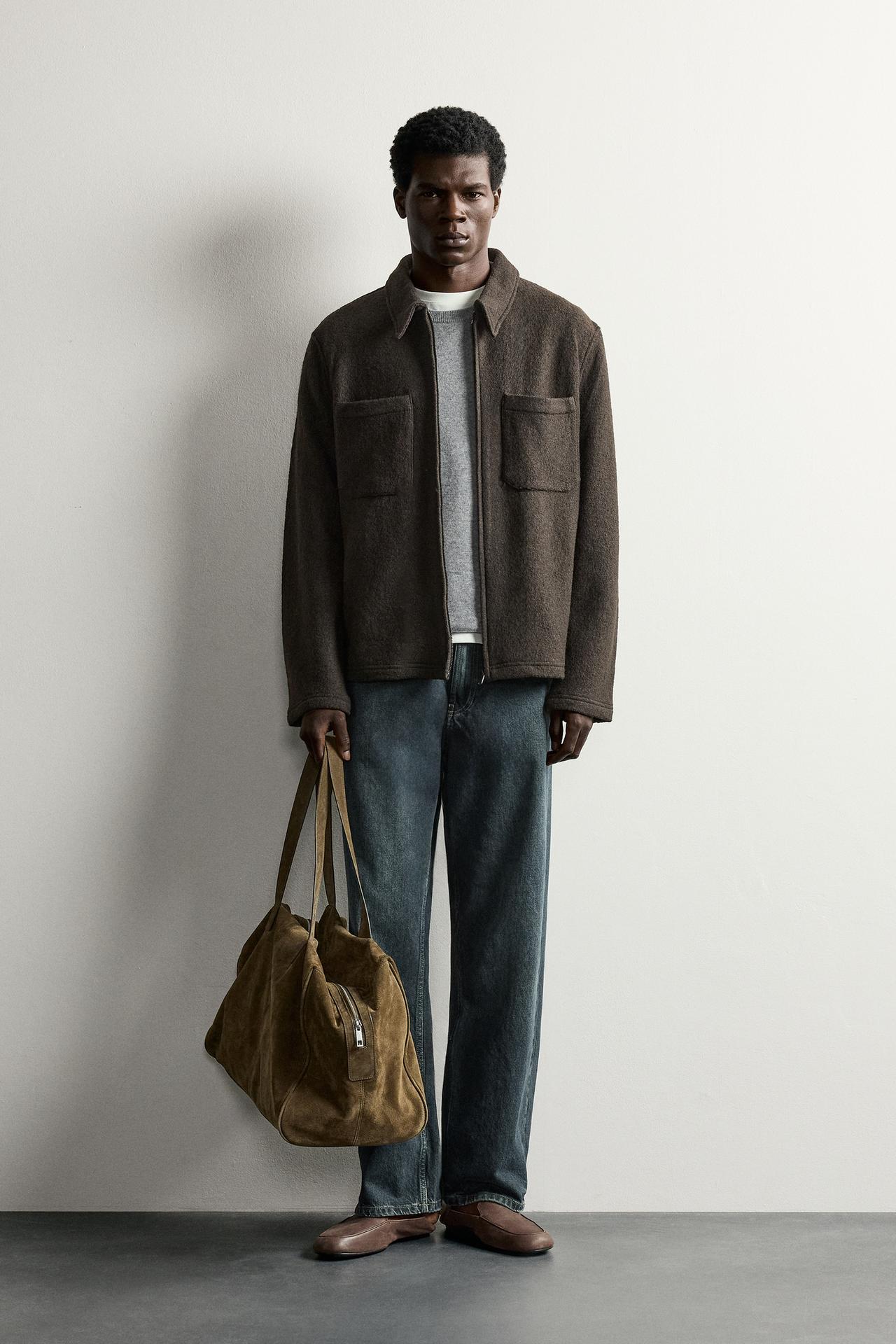VISCOSE-WOOL BLEND TEXTURED OVERSHIRT — Dark brown