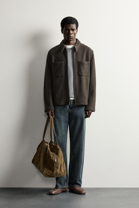 VISCOSE-WOOL TEXTURED OVERSHIRT - Dark brown by Zara - Image 0