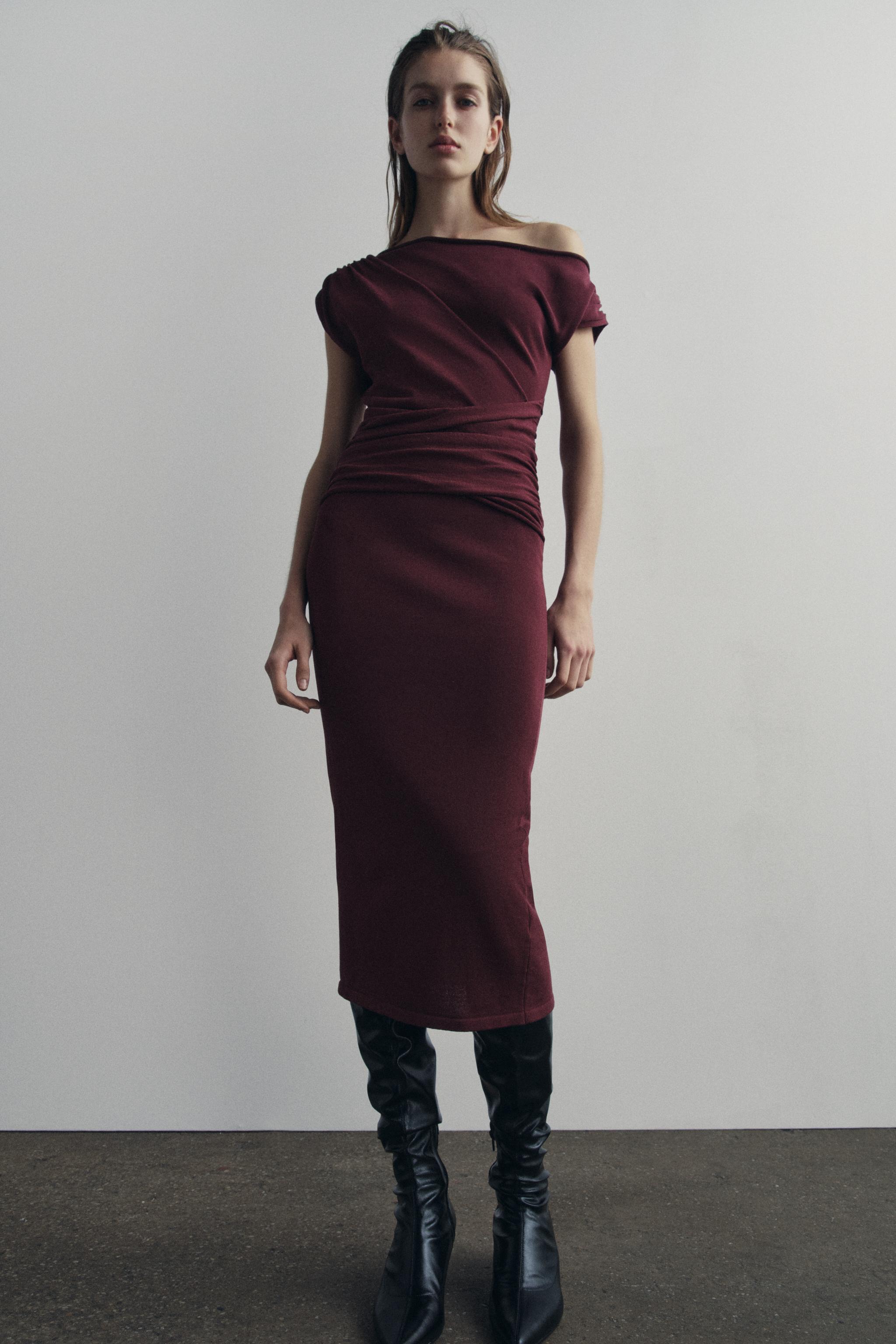 DRAPED KNIT MIDI DRESS - Burgundy | ZARA United States