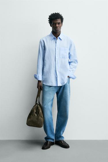REGULAR FIT LINEN - COTTON SHIRT - Sky blue by Zara