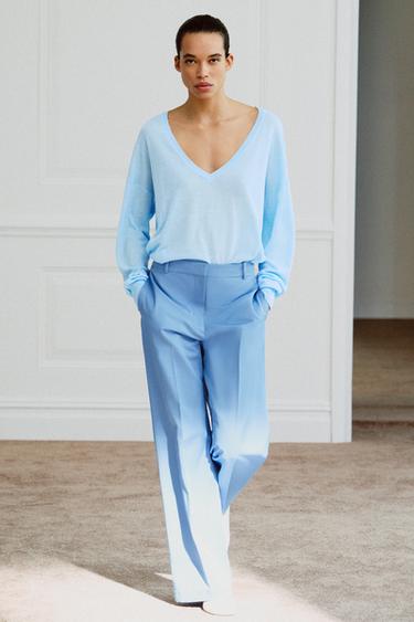 FINE KNIT V-NECK JUMPER - Pastel blue by Zara