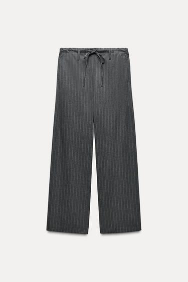 Zara STRIPED DRAWSTRING PANTS - Mid-gray