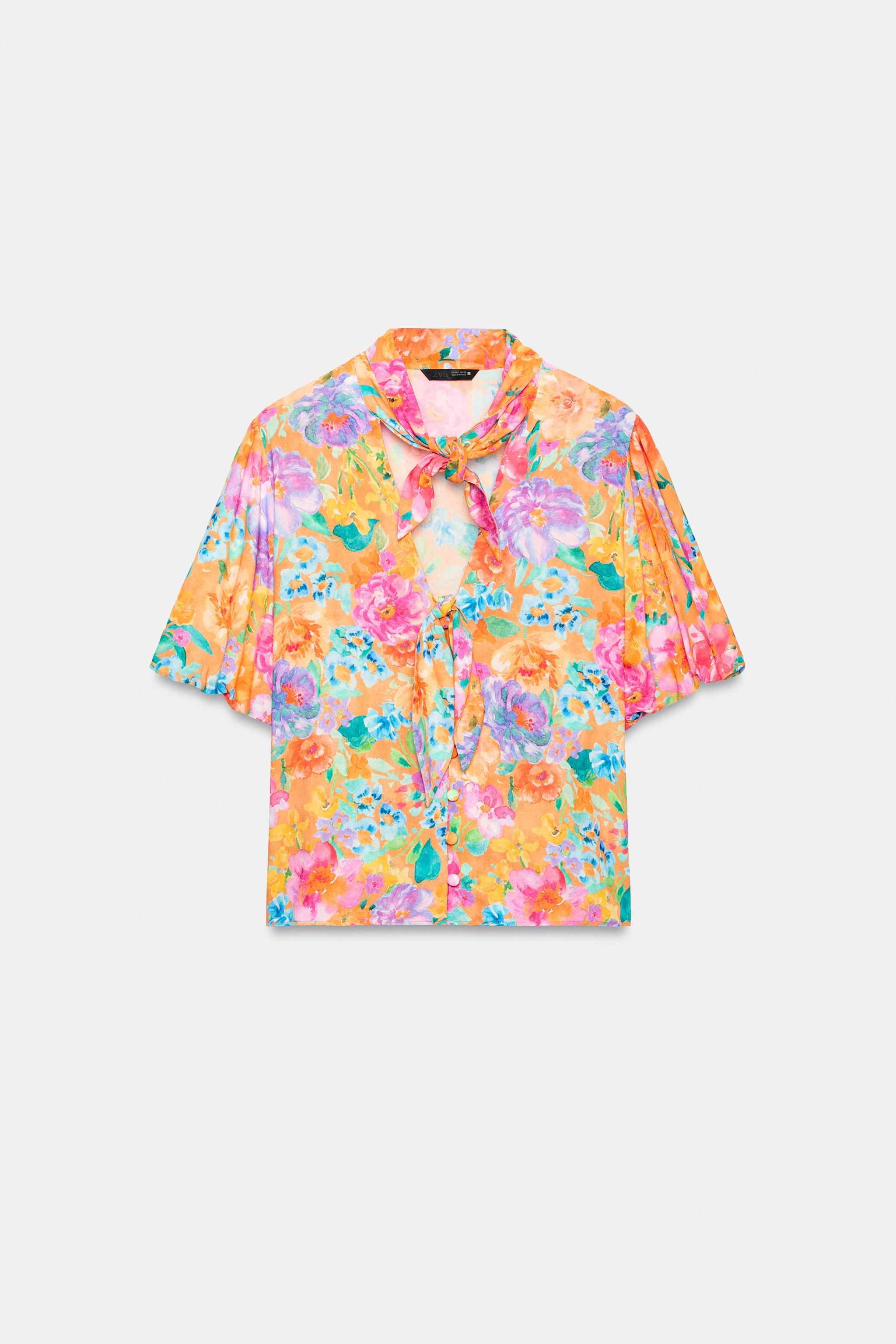 Женские рубашки Zara FLORAL PRINT TIE-FRONT SHIRT — фото 6