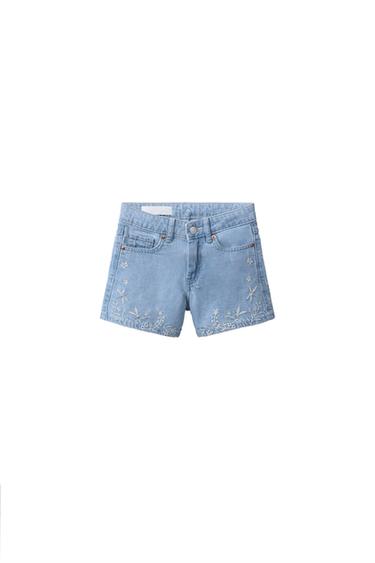 Zara EMBROIDERED DENIM SHORTS - Light blue