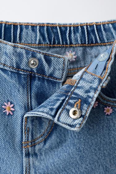 Zara EMBROIDERED FLORAL CULOTTE JEANS - Blue