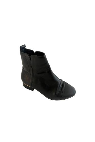 Black low-leg boot with a side zip, pleat detail on the toe and a low heel with metallic detail on a white background.