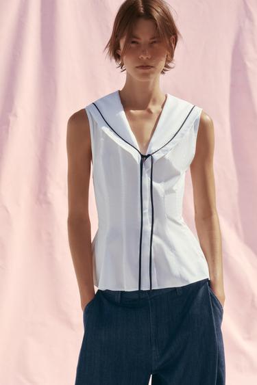 Zara POPLIN TIE TRIM TOP - White