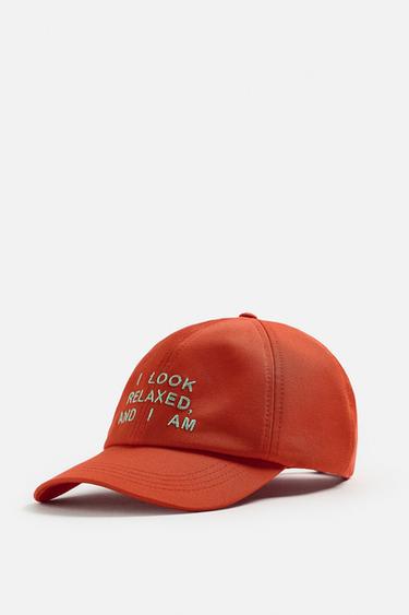 CAP WITH EMBROIDERED SLOGAN - Orange by Zara