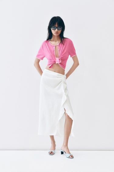 Zara 荷葉邊中長裙 ZW COLLECTION - 白色