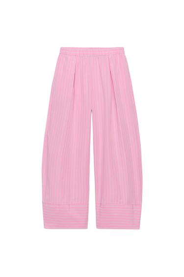 STRIPED POPLIN WIDE-LEG TROUSERS - Pink / White by Zara