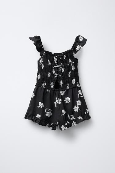 FLORAL SHORT PLAYSUIT - Black / Ecru by Zara - Image 1