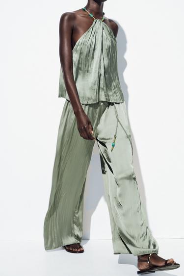 PANTALON SATINÉ CEINTURE LACET - Vert moyen de Zara - Image 3