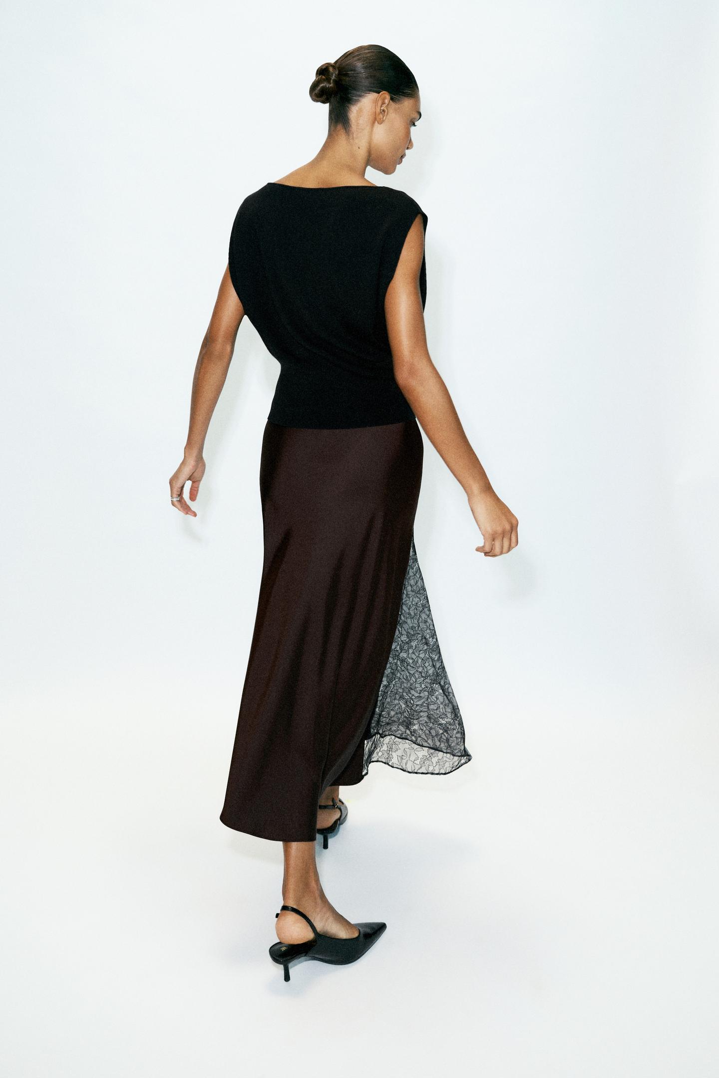 Женская юбка Zara Combined Satin MIDI, цвет: Коричневый — фото 7