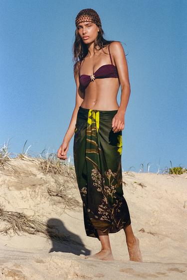 Zara FLORAL PRINT KNOTTED PAREO - Green