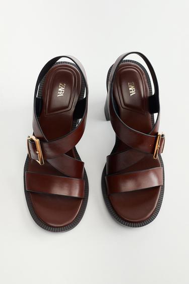 LEATHER HIGH-HEEL SANDALS WITH BUCKLE - Brown by Zara
