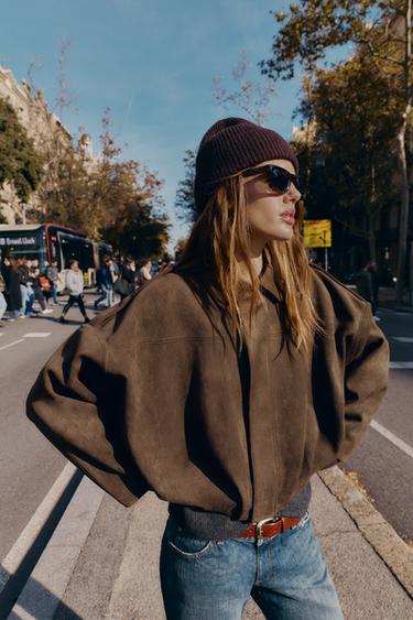 SUEDE EFFECT BOMBER JACKET - Dark brown by Zara
