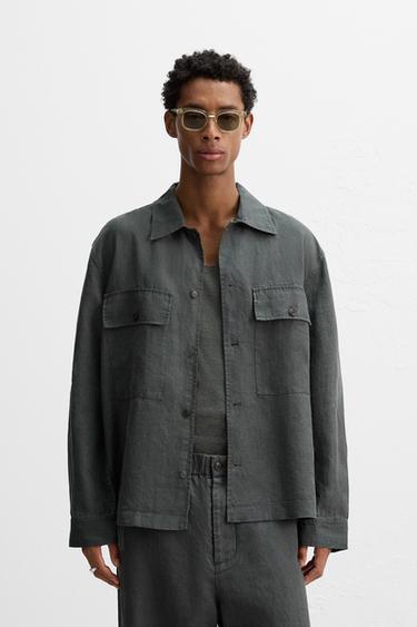 KEMEJA LUARAN RELAXED FIT 100% RAMI - Abu-abu antrasit dari Zara