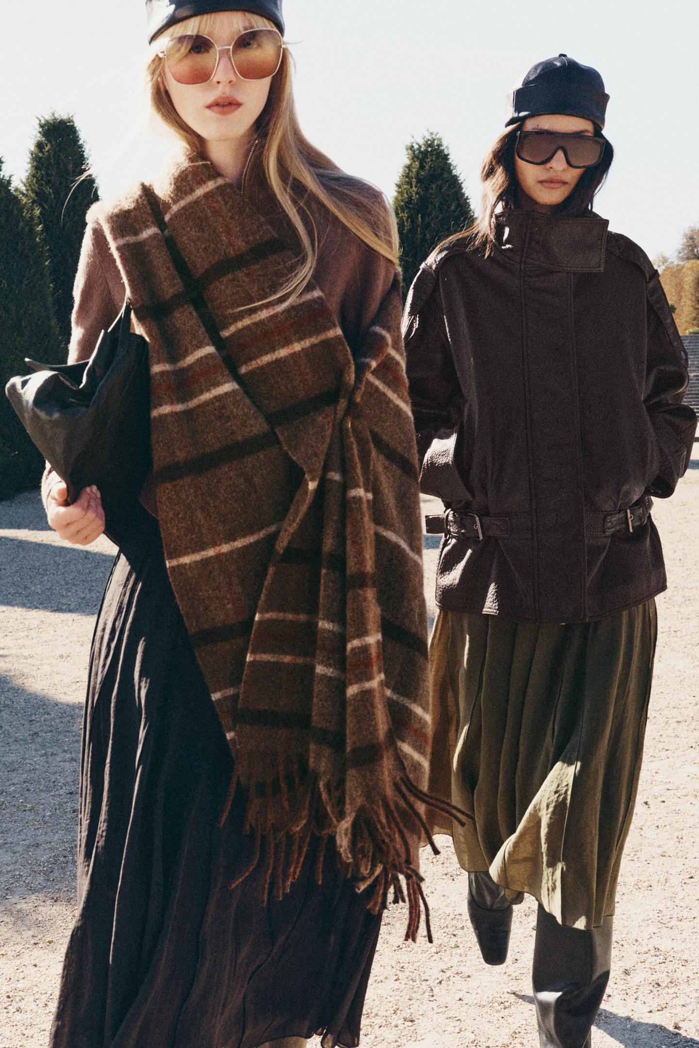 Женский шарф Zara Checked Fringe, цвет: Коричневый / Серо-коричневый