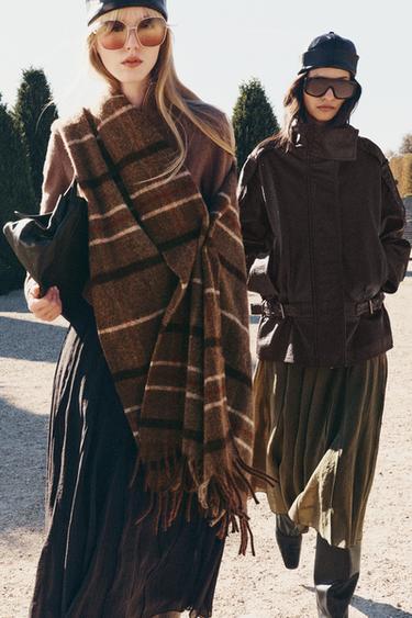 CHECKED FRINGE SCARF — Brown / Taupe 1