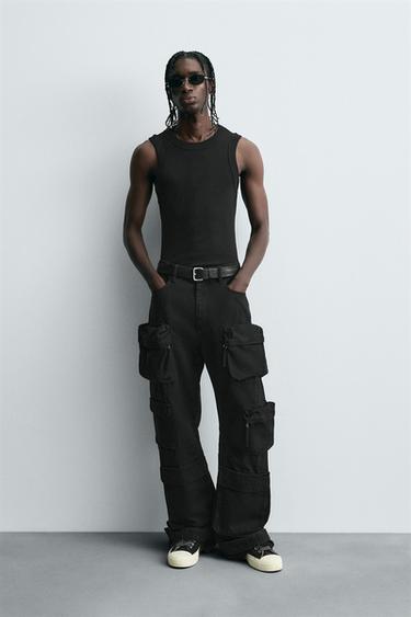DENIM CARGO TROUSERS WITH POCKETS - Black by Zara