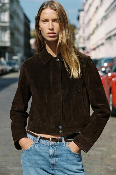 Zara 100% LEATHER SHORT JACKET - Dark brown