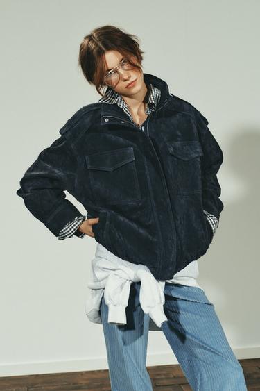 Zara 100% 麂皮口袋夾克 - 藍色