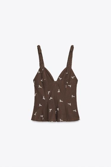 Zara PEPLUM EMBROIDERED TOP - Brown