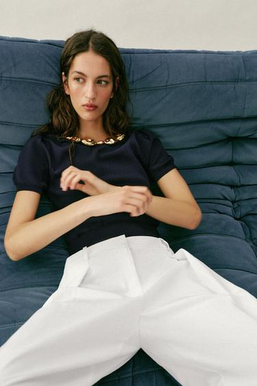 TRICOT TOP MET GOUDKLEURIGE PARELS - Blauw van Zara