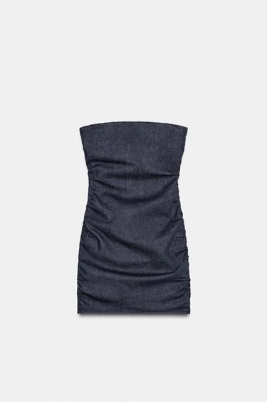 TRF DENIM BANDEAU DRESS WITH GATHERING - Dark indigo by Zara