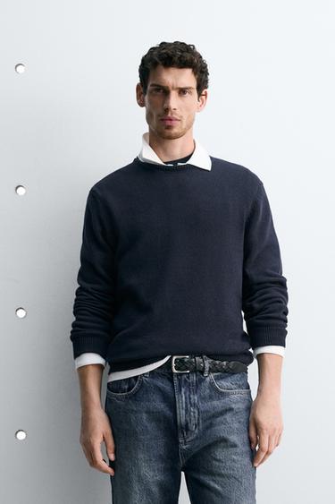 Zara REGULAR FIT COTTON-LINEN JUMPER - Dark navy