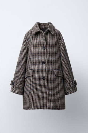 LONG CHECKED WOOL COAT - Brown by Zara