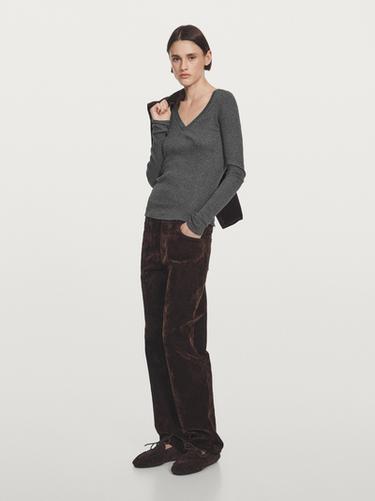 T-shirt côtelé à col en V et manches longues - Gris anthracite de Zara