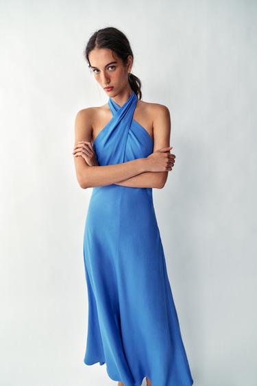 فستان ميدي كتان بياقة halter - أزرق الخاص بـ Zara