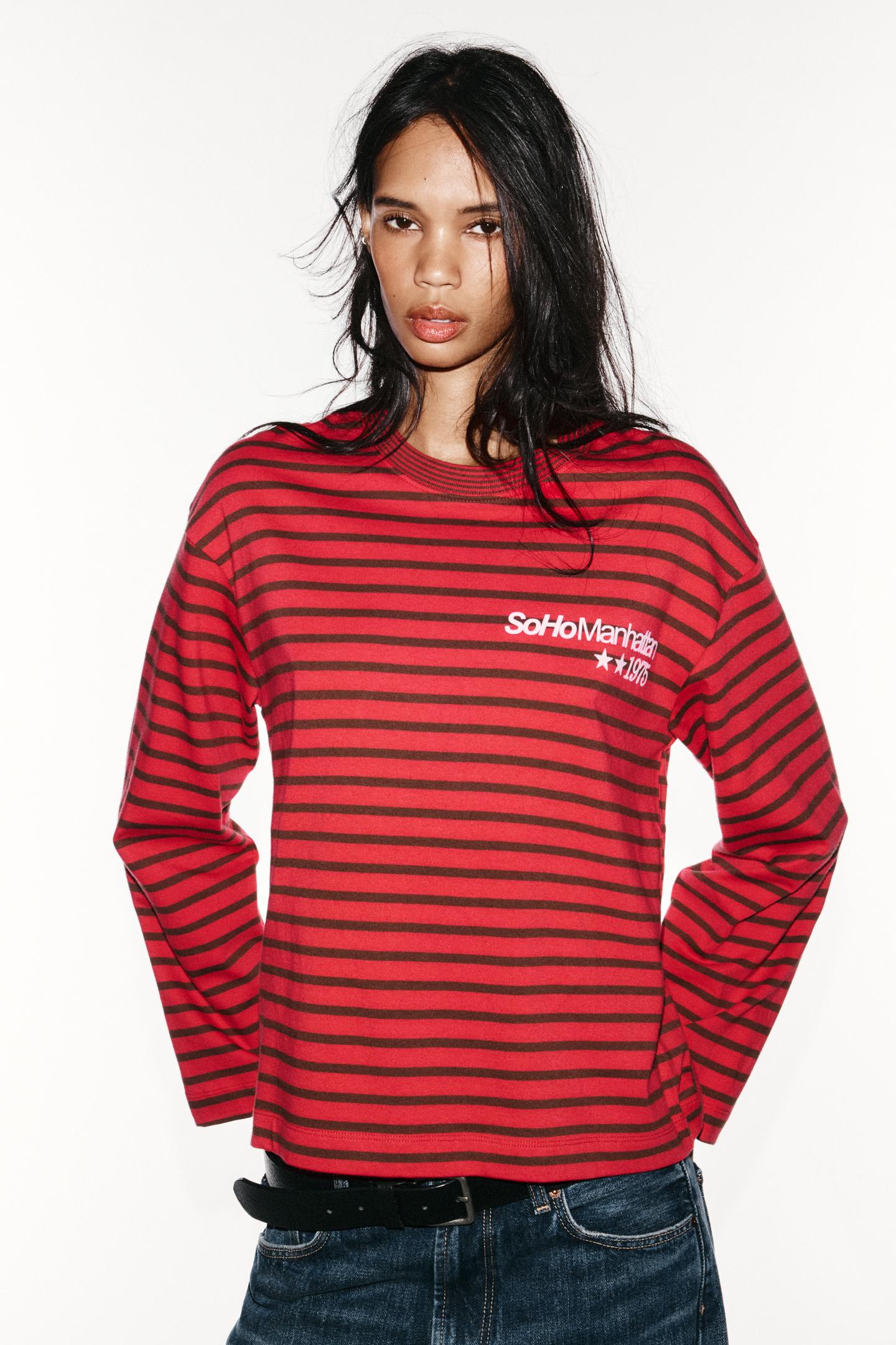 Женская футболка Zara Striped Text, цвет: Красный — фото 3