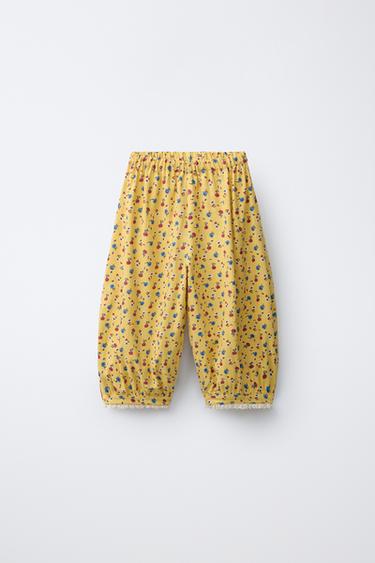 PANTALÓN BOMBACHO ESTAMPADO FLORES CON LINO - Amarillo de Zara - Imagen 0