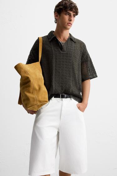 CROCHET TEXTURED POLO SHIRT - Grey green by Zara - Image 4
