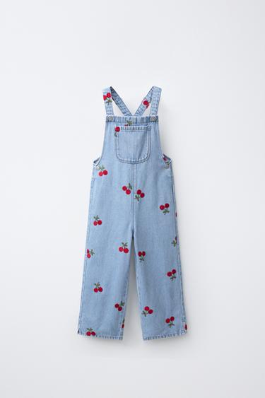 Zara 刺繡櫻桃長款牛仔吊帶褲 - 藍色 - 圖片 0