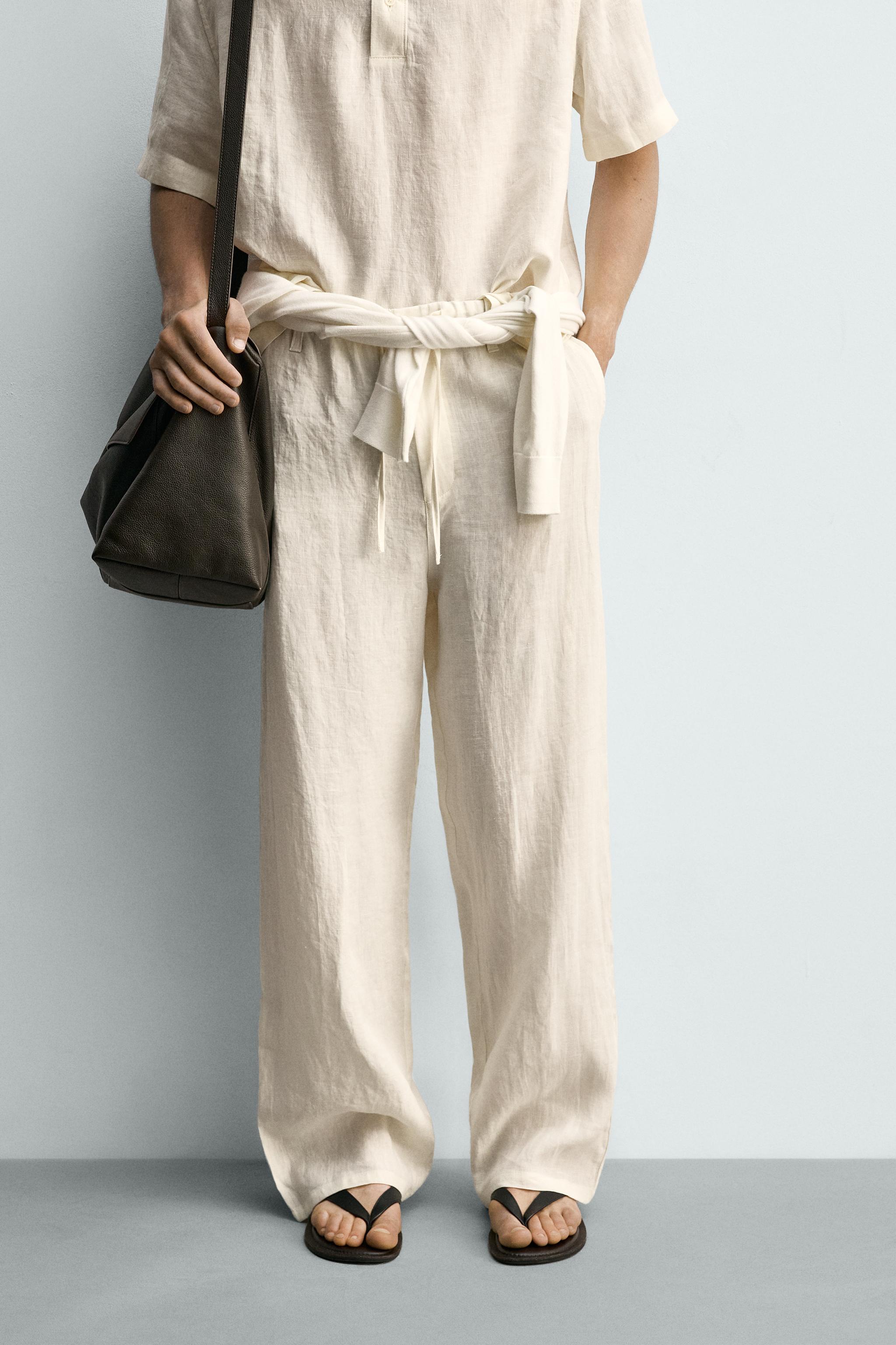 100% LINEN RELAXED FIT PANTS — Ecru