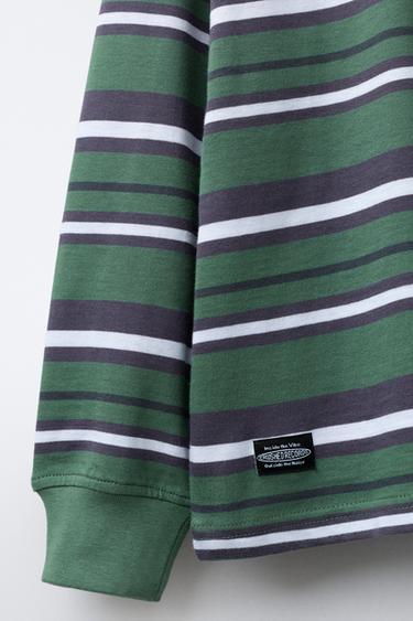 WOVEN STRIPE T-SHIRT WITH SLOGAN - GREEN by Zara - Image 3