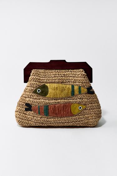 BOLSO RAFIA BORDADO PECES - Tostado de Zara