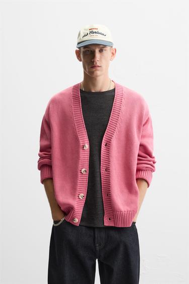 Zara TEXTURED COTTON CARDIGAN - Pink