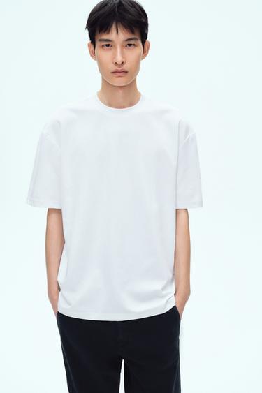 Zara 寬鬆版雙面織紋棉質T恤 - 白色