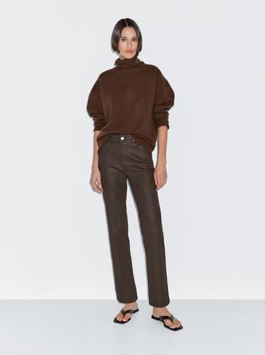 Zara High-waist straight-leg waxed trousers - Dark brown - Image 0